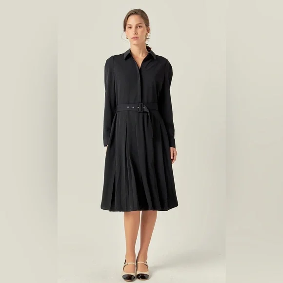 English Factory | Dresses | English Factory Pleated Colllared Black Belted  Dress Sz Med | Poshmark